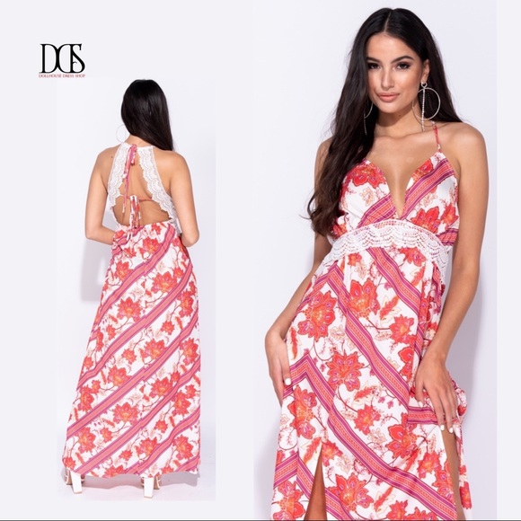 Sassy - Red Floral Maxi Dress w/ Lace Trim - Picture 4 of 8